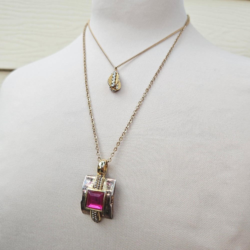 Vintage 90s Gold Tone Layered Necklace Pink Square Stone Rhinestone Pendants